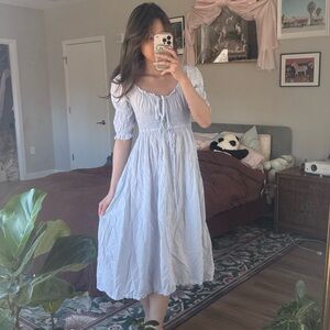 Blue off the shoulder smocked cotton midi dress